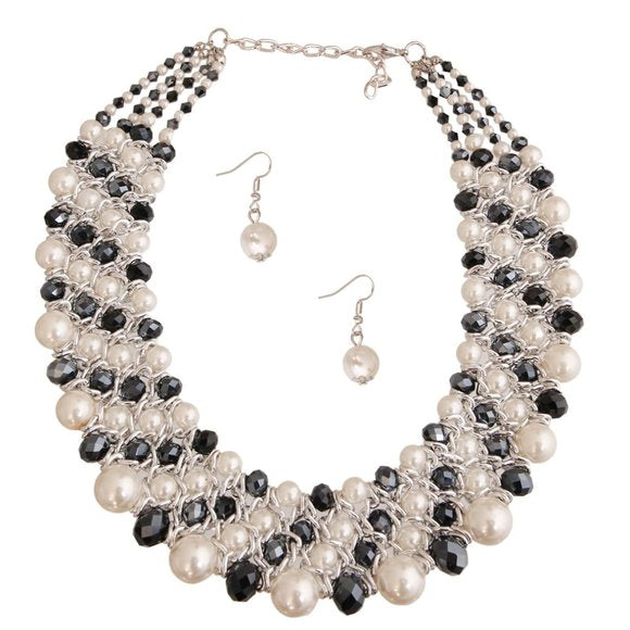 White Pearl Black Bead Collar - divasbeautique