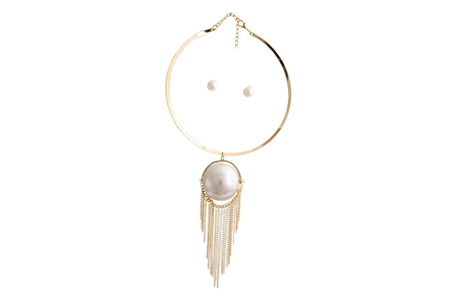Gold-Tone Pearl Pendant Fringe Necklace & Earring Set