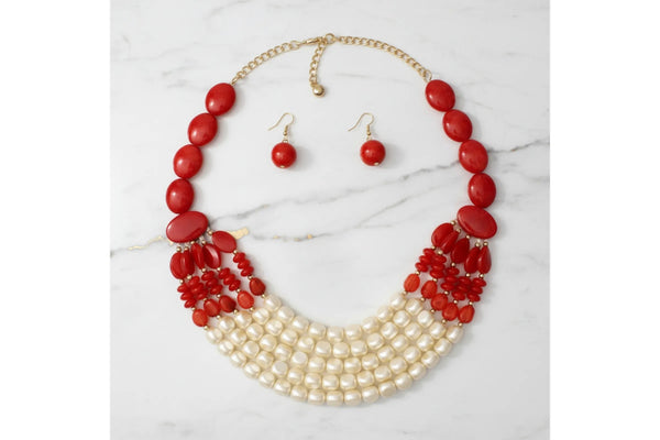 Red & Ivory Beaded Statement Necklace and Earring Set