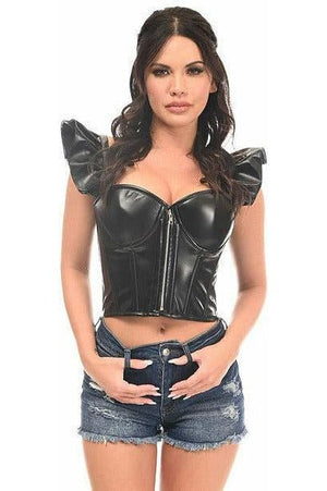 Lavish Black Faux Leather Bustier Top w/Ruffle Sleeves