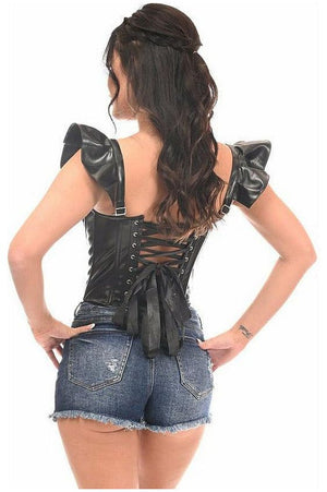 Lavish Black Faux Leather Bustier Top w/Ruffle Sleeves