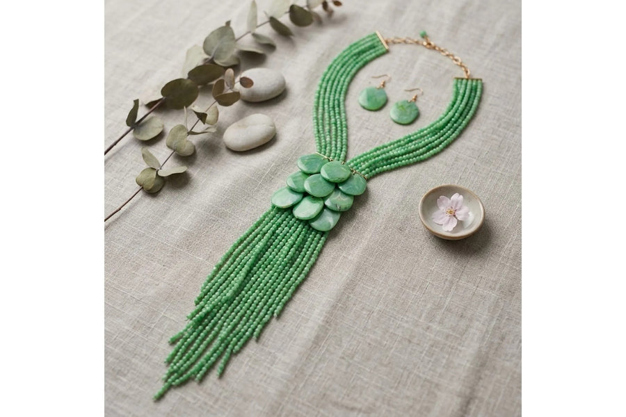 Green Beaded Tassel Statement Necklace and Earring Set