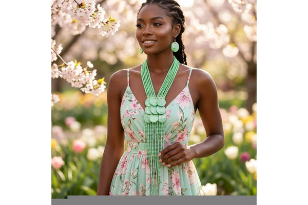 Green Beaded Tassel Statement Necklace and Earring Set