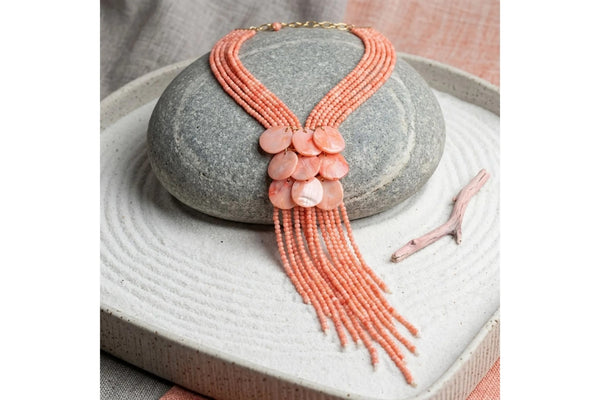 Pink Beaded Tassel Statement Necklace and Earring Set