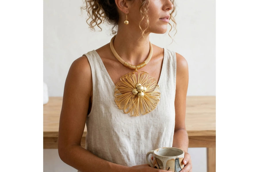 Gold Mesh Large Flower Wire Pendant Necklace