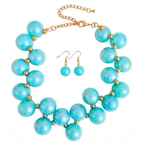 Aqua Blue marble bubble bead necklace and earring set