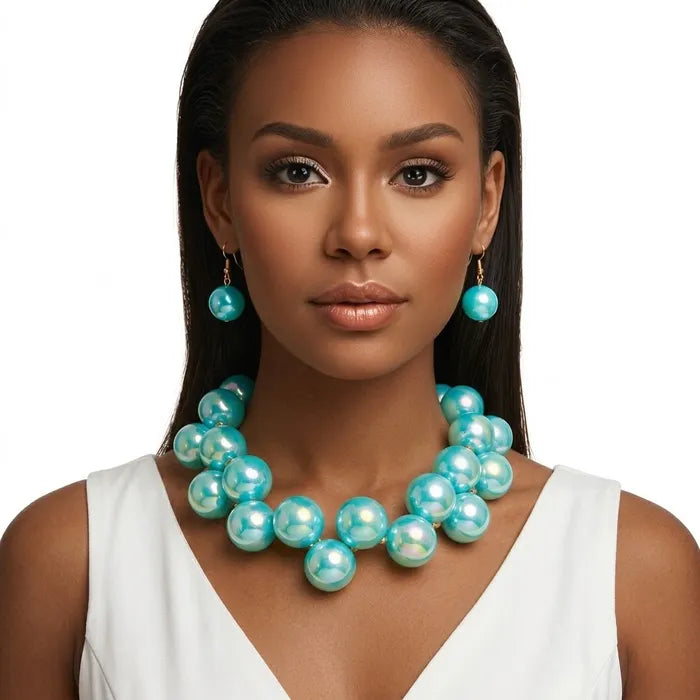 Aqua Blue marble bubble bead necklace and earring set