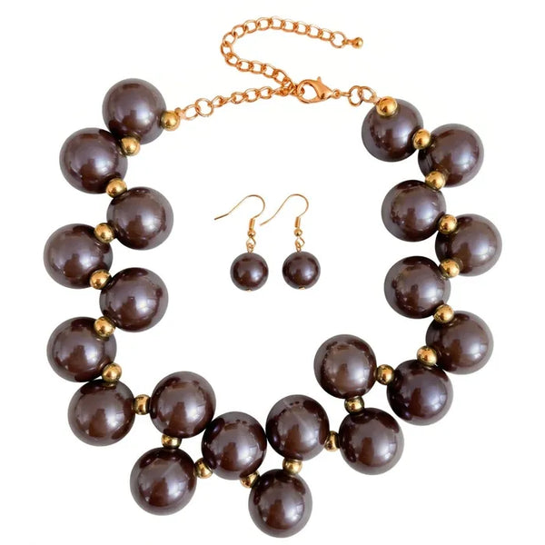 Brown marble bubble bead necklace and earring set