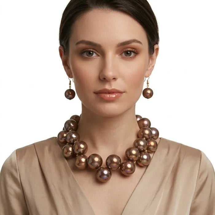 Brown marble bubble bead necklace and earring set