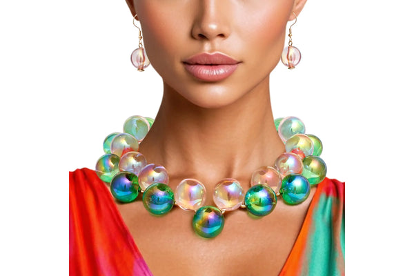 Pink & Green Iridescent Bubble Ball Necklace Set