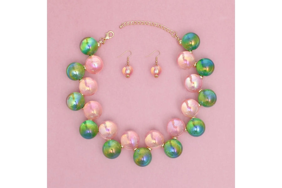 Pink & Green Iridescent Bubble Ball Necklace Set