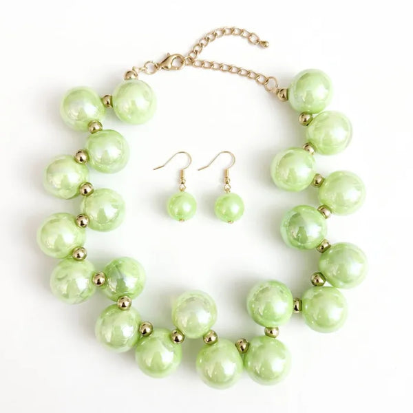 Lime Green marble bubble bead necklace and earring set