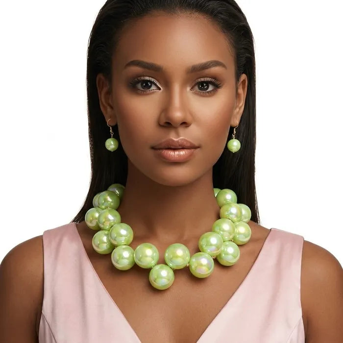 Lime Green marble bubble bead necklace and earring set
