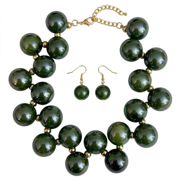 Olive Green marble bubble bead necklace and earring set