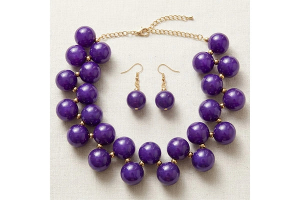 Dark Purple marble bubble bead necklace and earring set