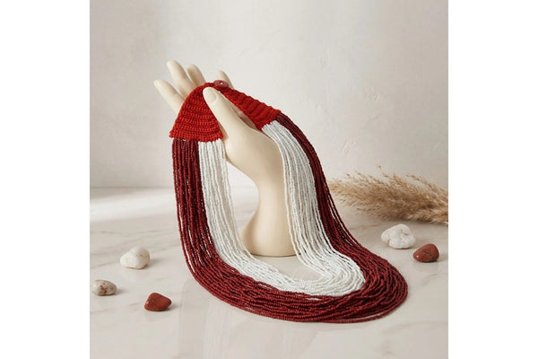 Red & White Multistrand Beaded Statement Necklace