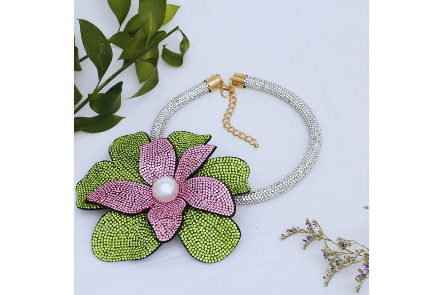 Pink & Green Rhinestone Flower Statement Necklace