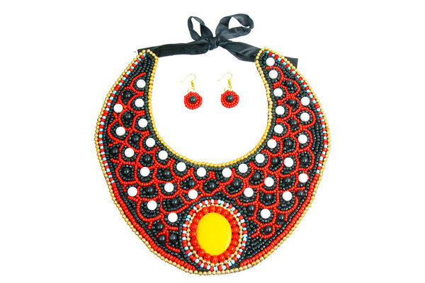 Multicolor Beaded Bib Necklace & Earring Set
