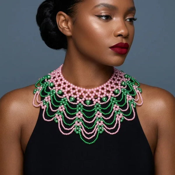 AKA Cascading Pink Green Pearl Collar Necklace