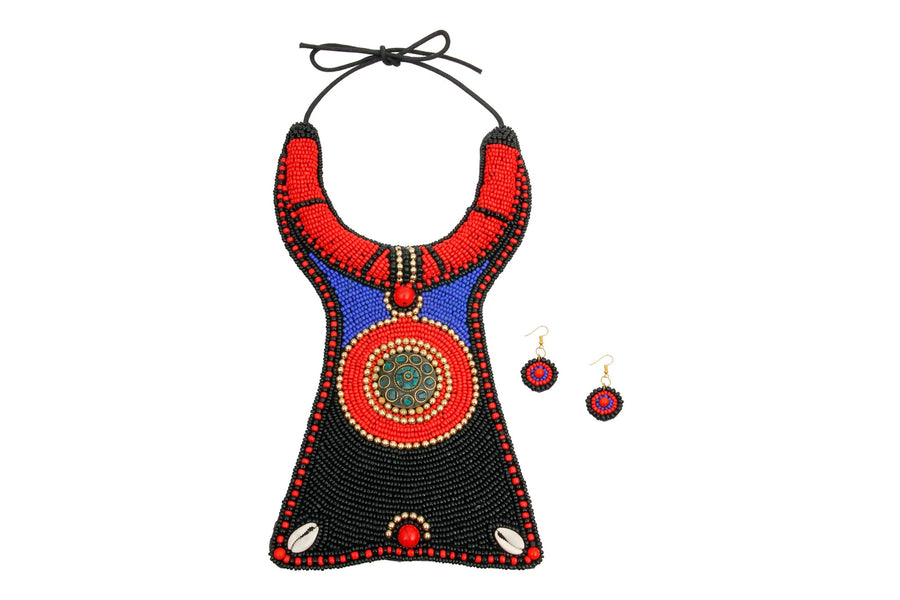 Multicolor Beaded Bib Statement Necklace & Earring Set