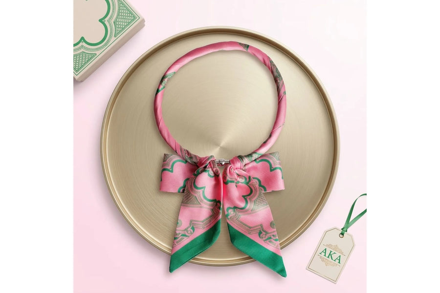 Alpha Kappa Alpha Pink & Green Art Deco Choker Scarf Necklace