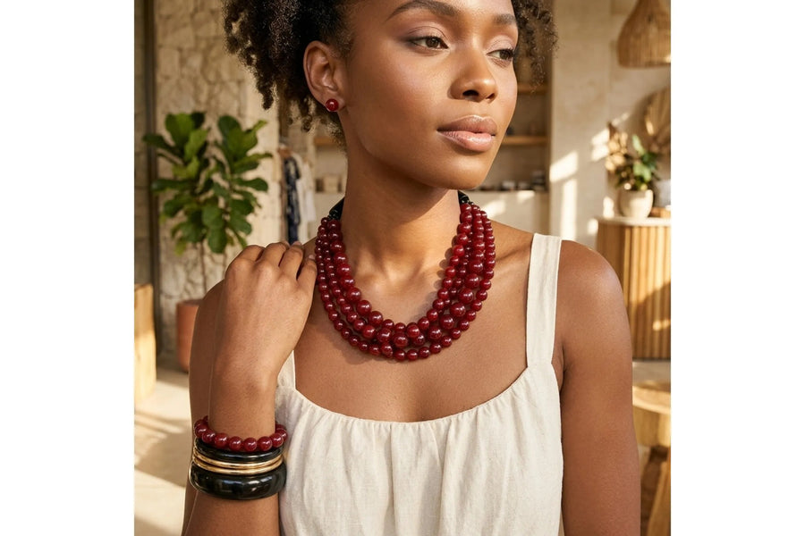 Burgundy Multistrand Beaded Statement Necklace