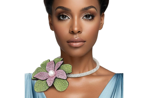 Pink & Green Rhinestone Flower Statement Necklace