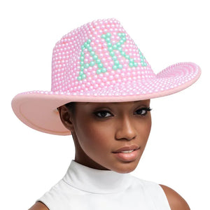 AKA Sorority Pink and Green Pearl Fedora Hat