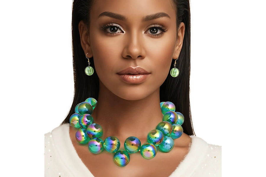 Green bubble bead necklace and matching earrings