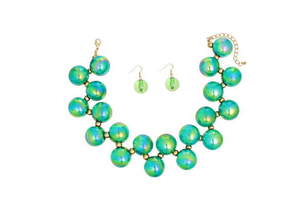 Green bubble bead necklace and matching earrings