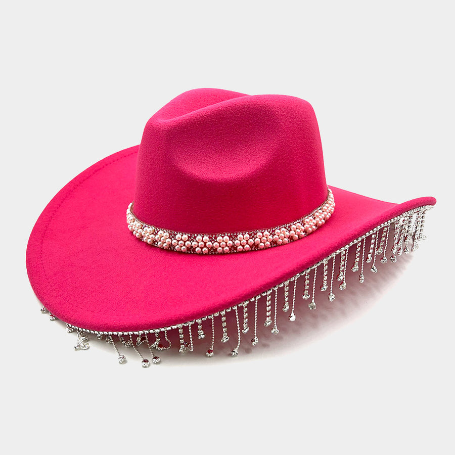 Fuchsia Pearl Rhinestone Fringe Cowboy Hat