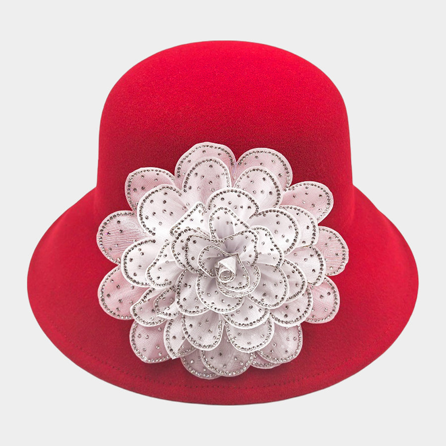 Red Felt Bucket Hat with Rhinestone Floral Appliqué