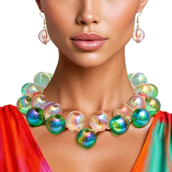 Pink & Green Iridescent Bubble Ball Necklace Set