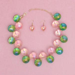 Pink & Green Iridescent Bubble Ball Necklace Set