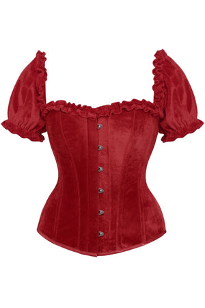 Steel Boned Dark Red Velvet Overbust Corset w/Sleeves