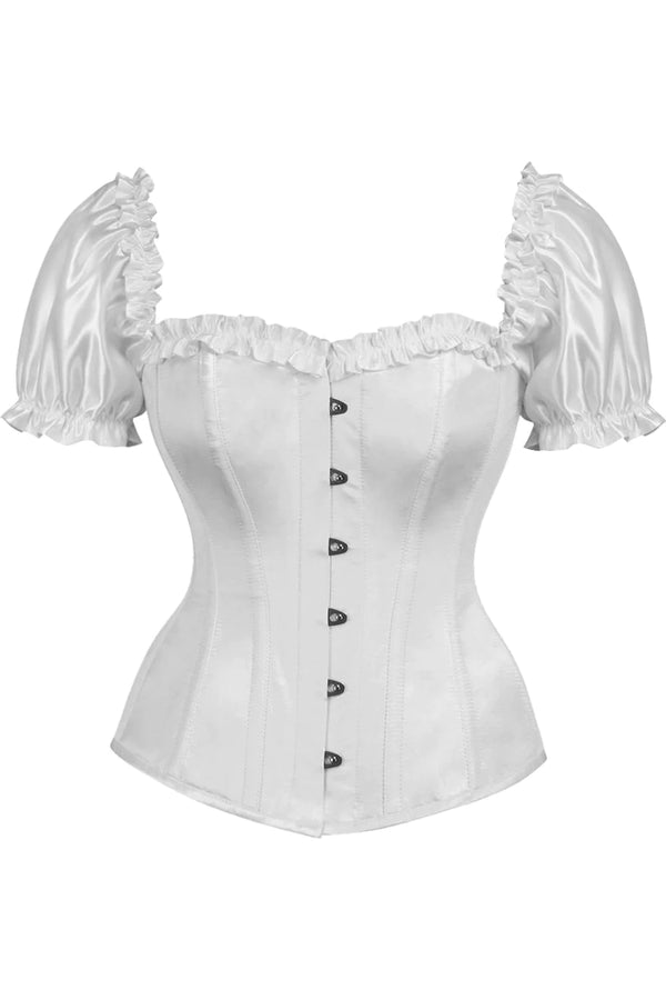 Steel Boned White Satin Overbust Corset w/Sleeves