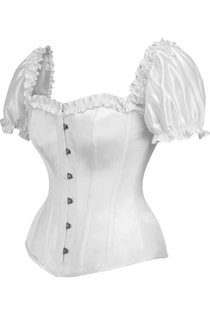 Steel Boned White Satin Overbust Corset w/Sleeves