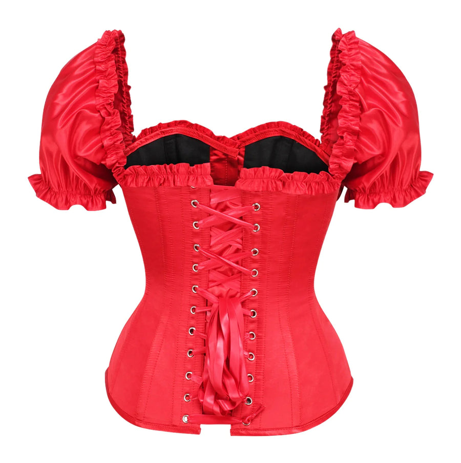 Steel Boned Red Satin Overbust Corset w/Sleeves