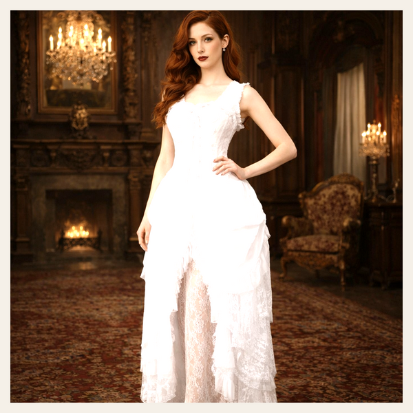 Top Drawer Steel Boned White Lace Victorian Bustle Corset Dress