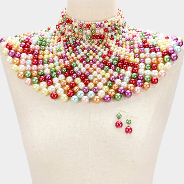 Multi Color Pearl Bib Necklace