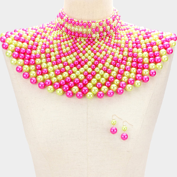 Pink & Green Pearl Choker Bib Necklace