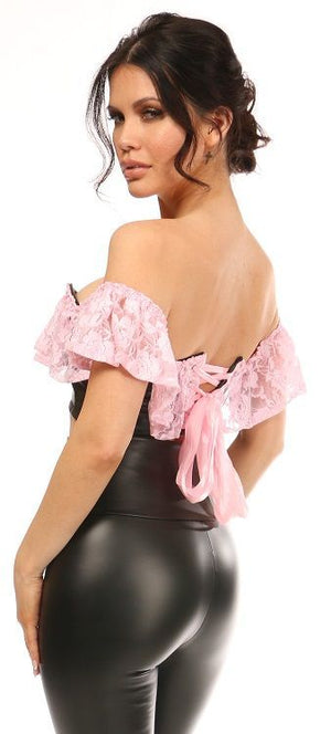 Lavish Lt Pink Lace & Faux Leather Bustier Top