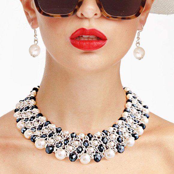 White Pearl Black Bead Collar - divasbeautique