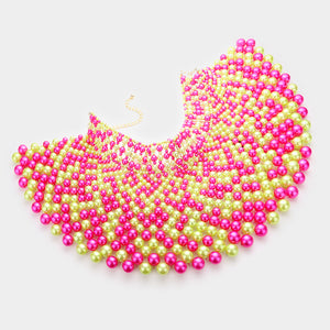 Pink & Green Pearl Choker Bib Necklace