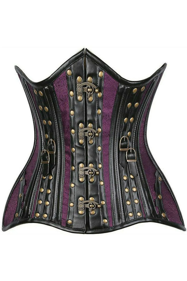 Faux Leather & Plum Brocade Steel Boned Under Bust Corset